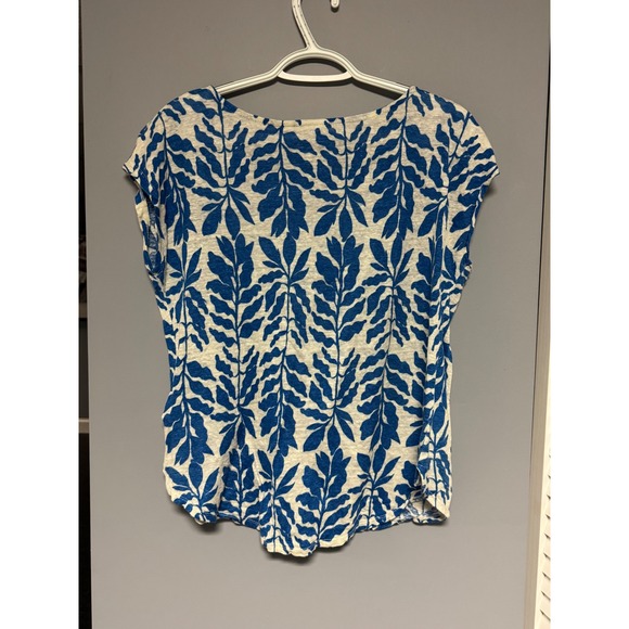 Rachel Zoe Linen Leaf Print‎ Top M Blue White Cap Sleeve Boho Resort Vacation - Picture 5 of 6